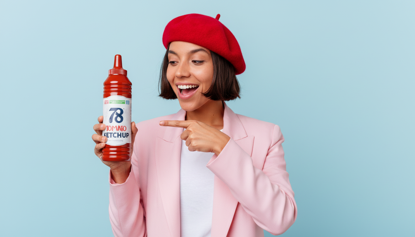 Restaurant guest enjoying co-branded 78 ketchup at the table
