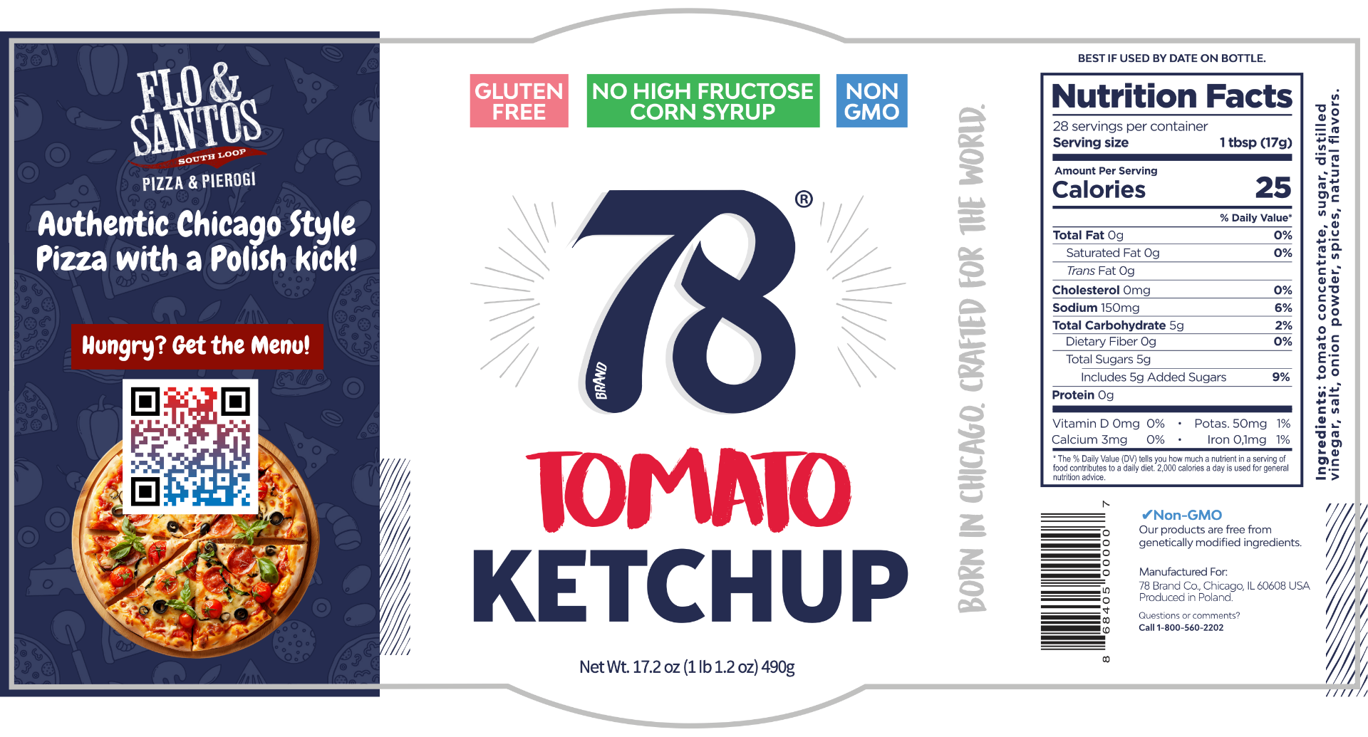 Sample co-branded 78 ketchup label for Flo & Santos restaurant